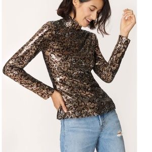 Milly Leopard Sequins Long-Sleeve Turtleneck Top-Size 4